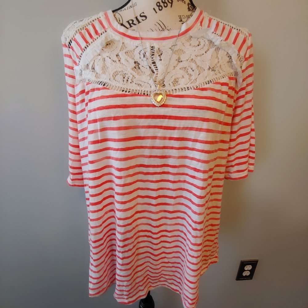 Hannah Coral Stripe Lace Short Sleeve Top.